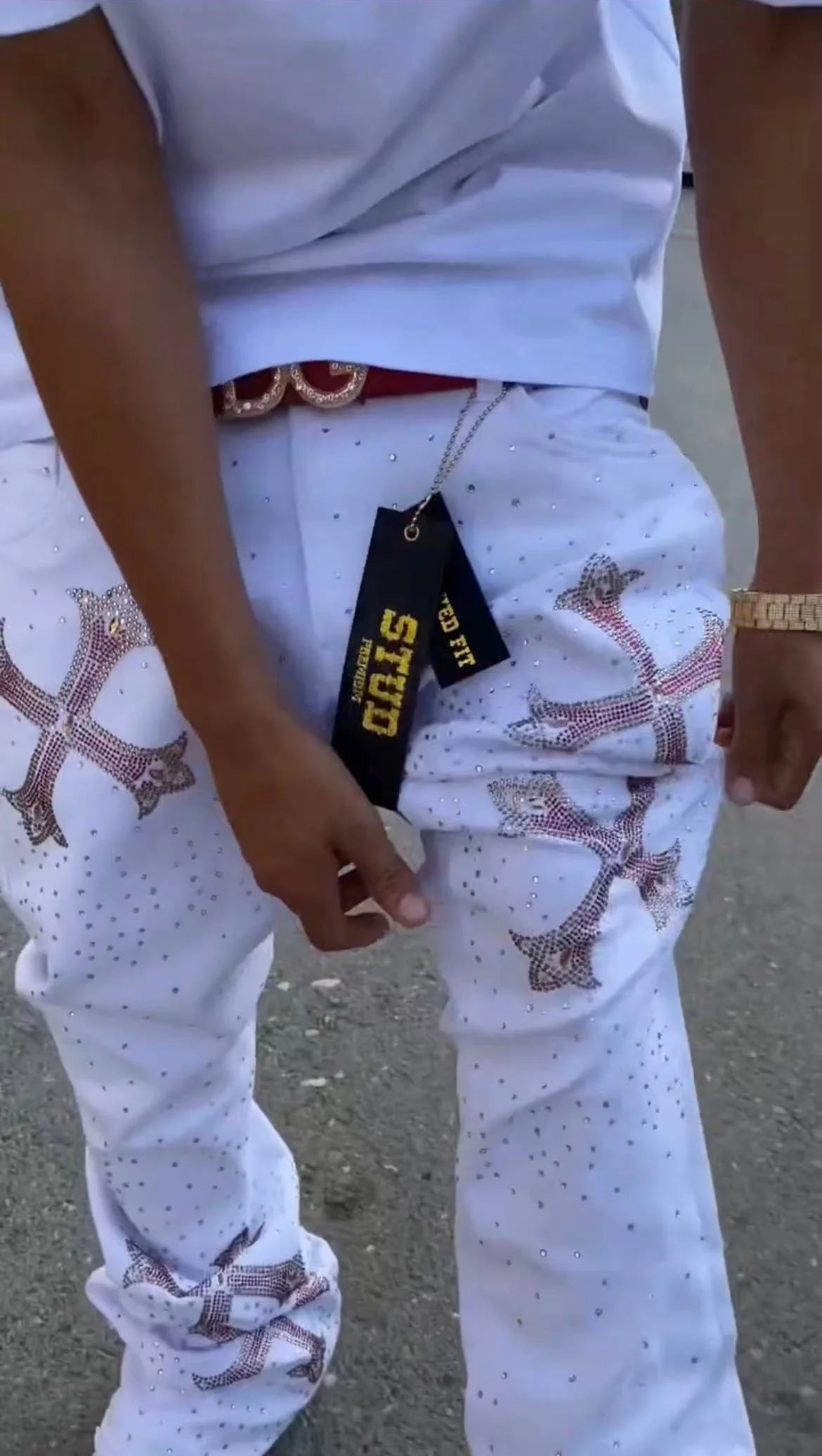 Rhinestone Studded Cross Design Skinny Flared Jeans