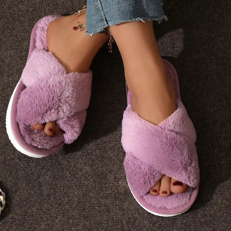 Open Toe Flat Fur Slides