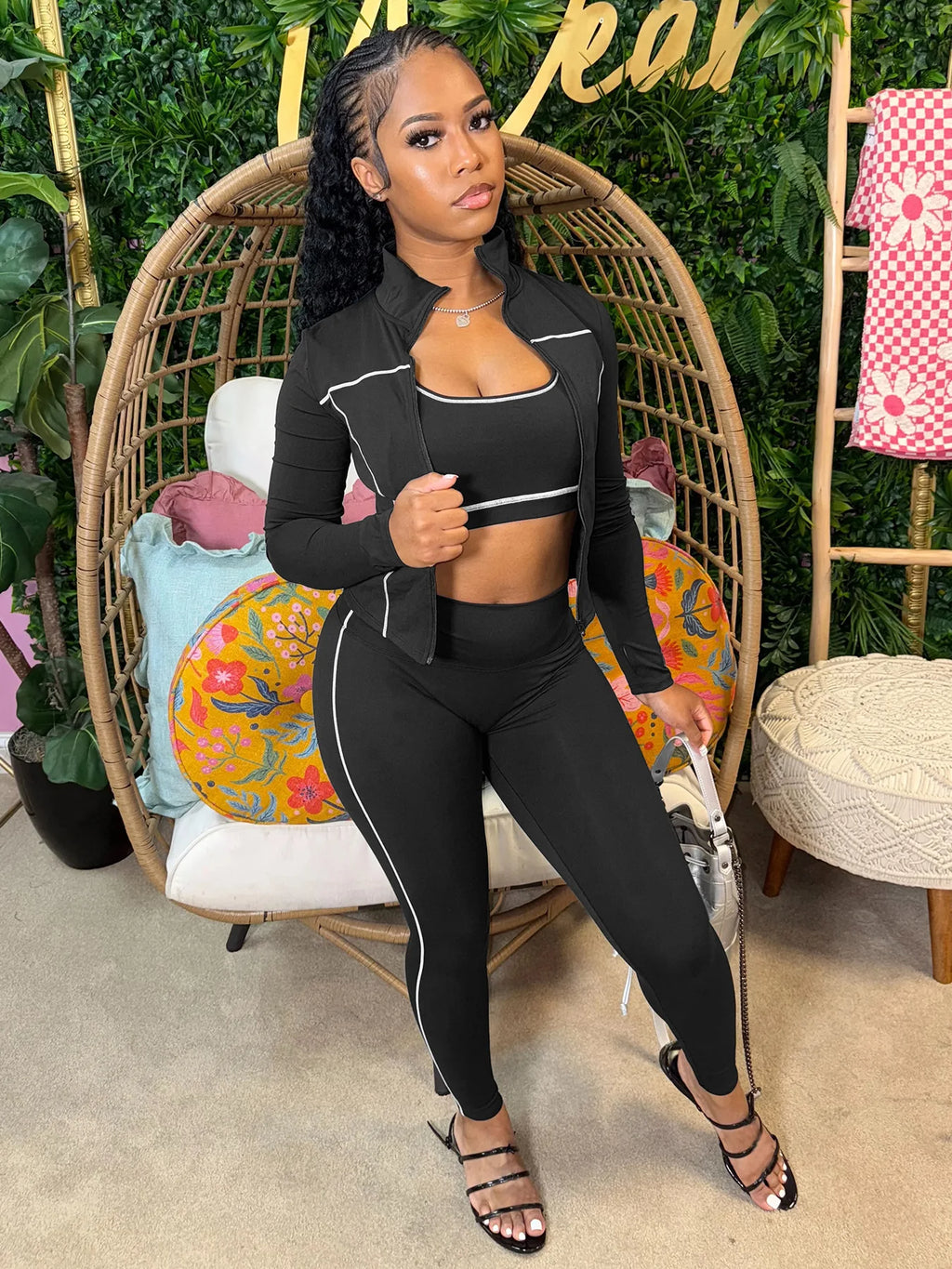 3 Piece Tracksuit Elastic Vest+Zip Jacket+Leggings