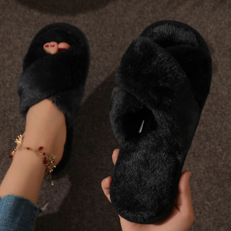 Open Toe Flat Fur Slides