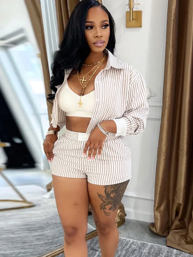 Striped Blouse Shirt And Matching Shorts Set