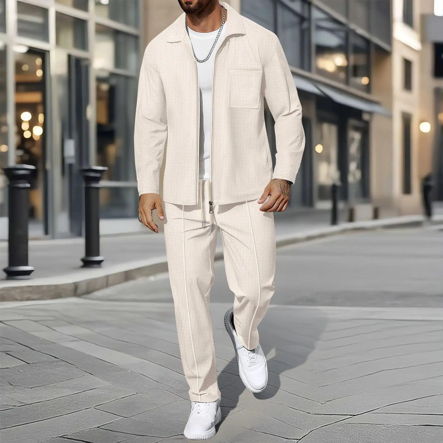 Zippered Shirt Coat And Trousers Outfit