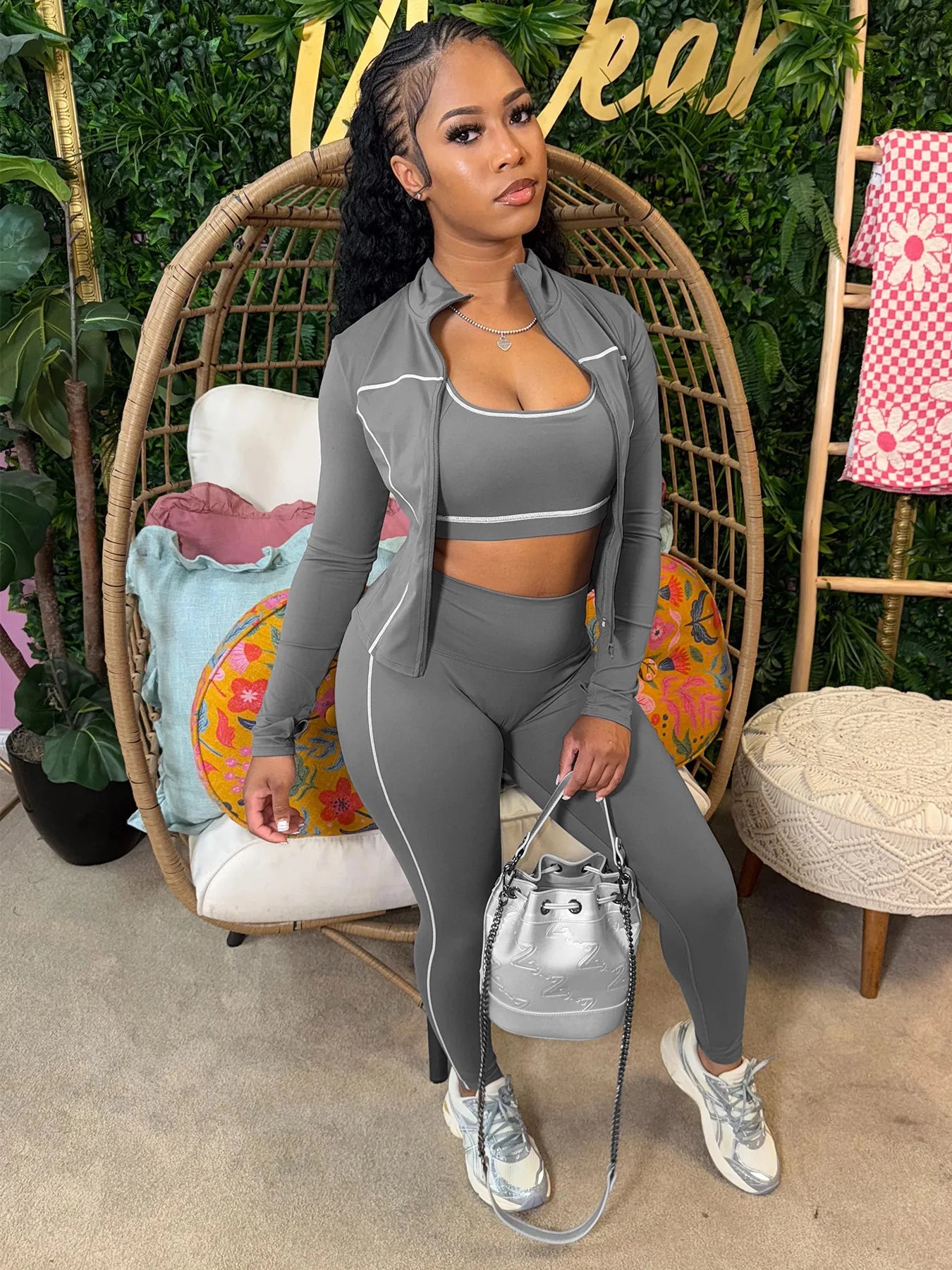 3 Piece Tracksuit Elastic Vest+Zip Jacket+Leggings