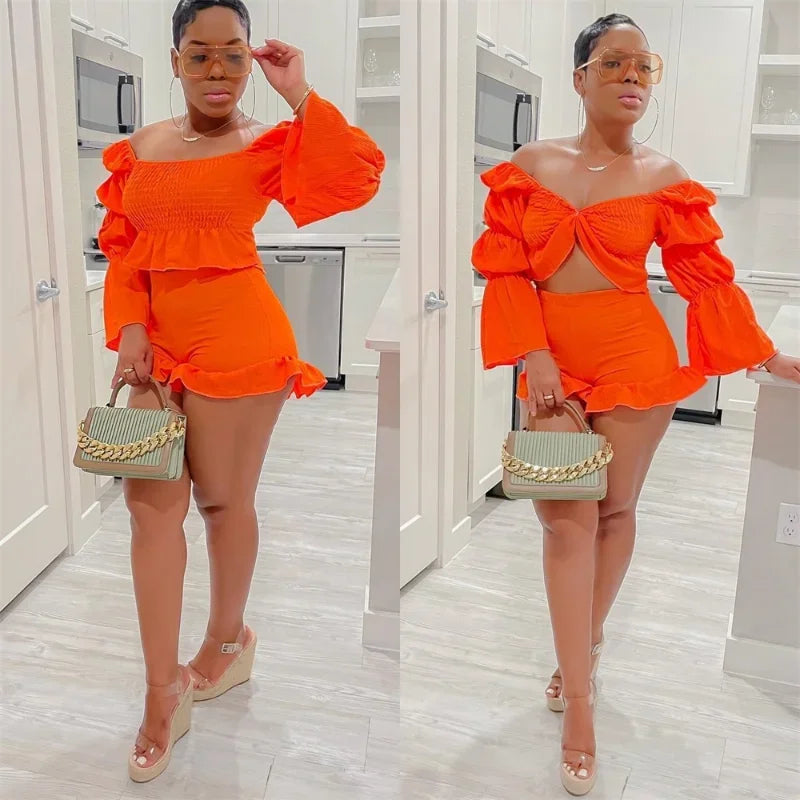 Puff Sleeve Crop Top and Shorts Set