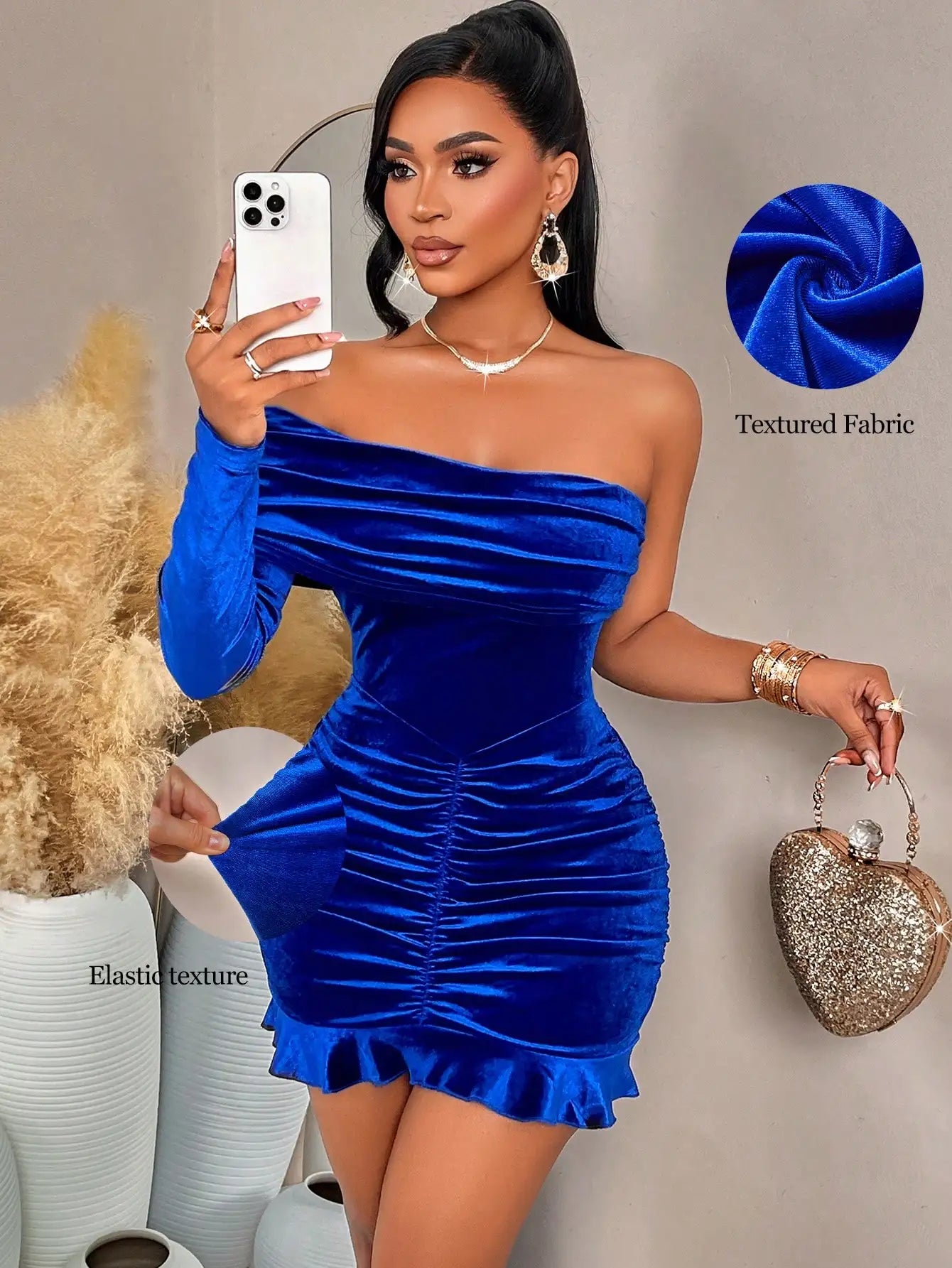 Off-Shoulder Long Sleeve Ruched Mini Dress with Ruffle Hem