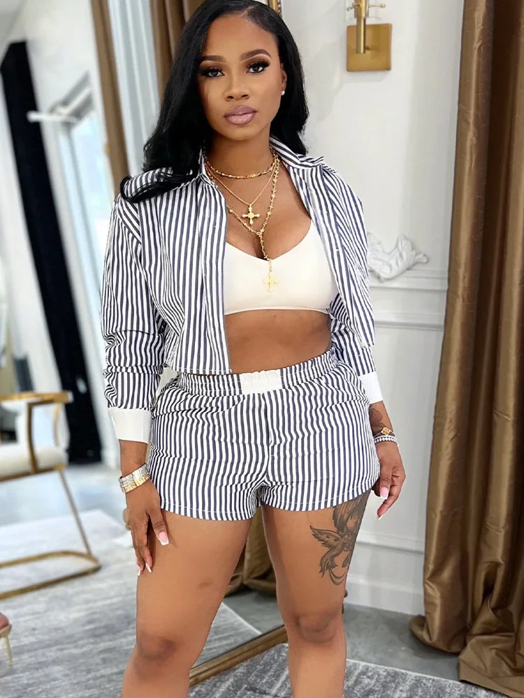 Striped Blouse Shirt And Matching Shorts Set