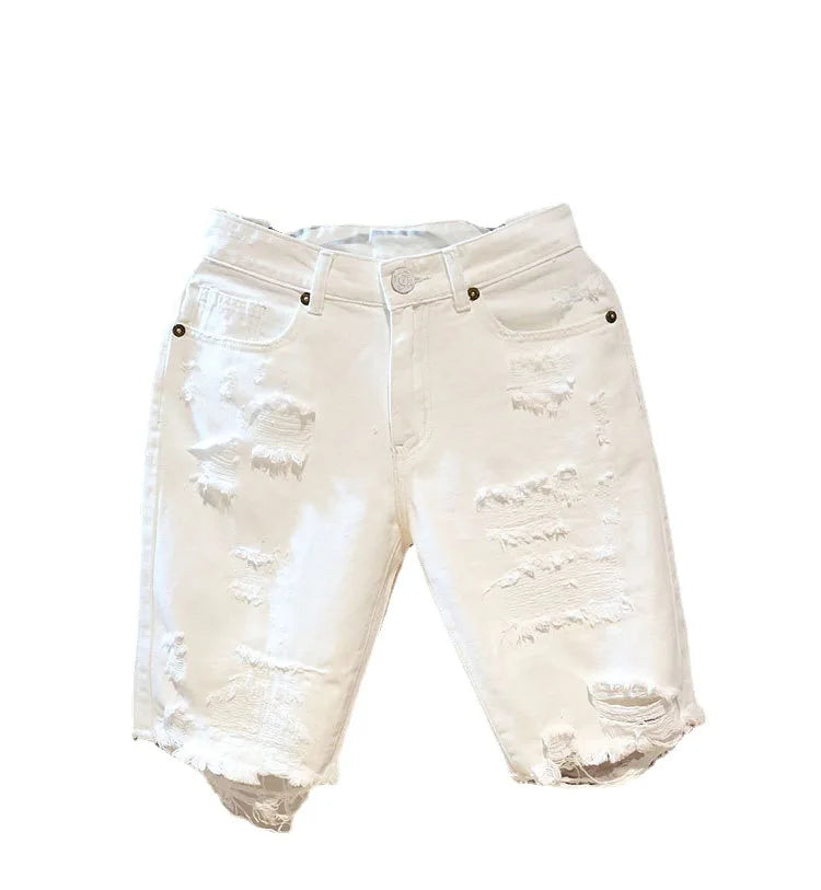Men's Ripped White Denim Shorts