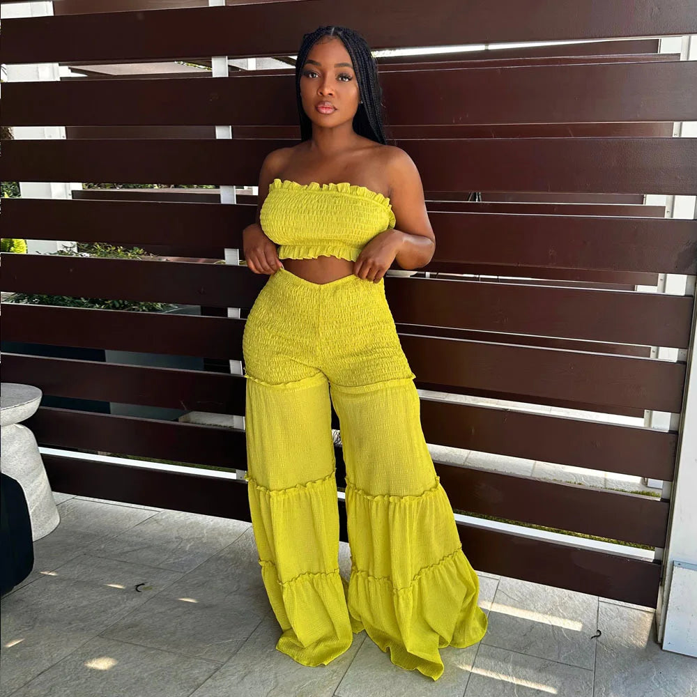 Ruffled Strapless Crop Top Wide Leg Pants Suit