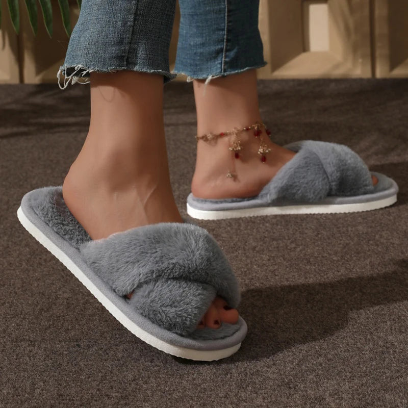 Open Toe Flat Fur Slides