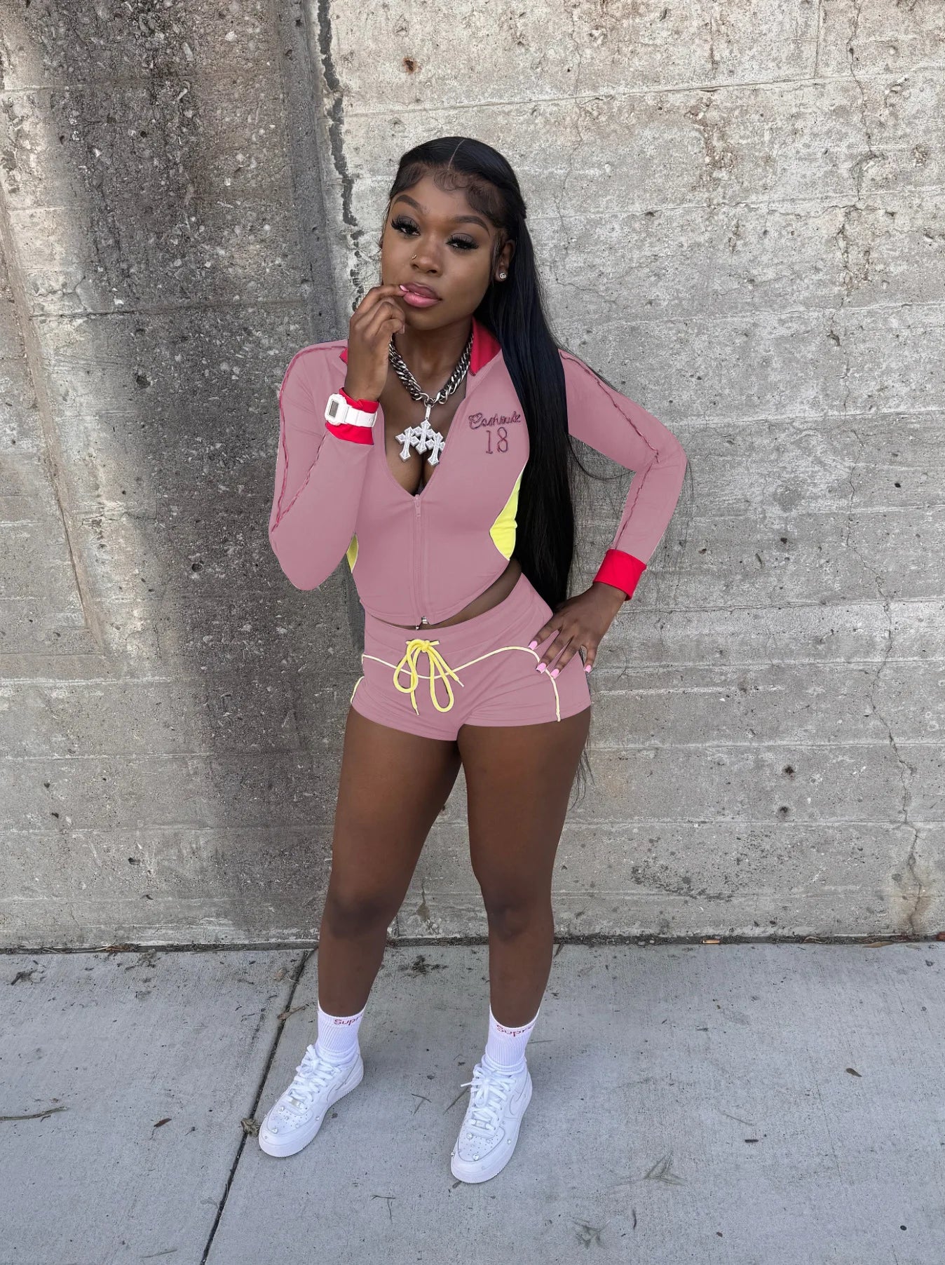 Long Sleeve Zipper Crop Jacket and Drawstring Shorts