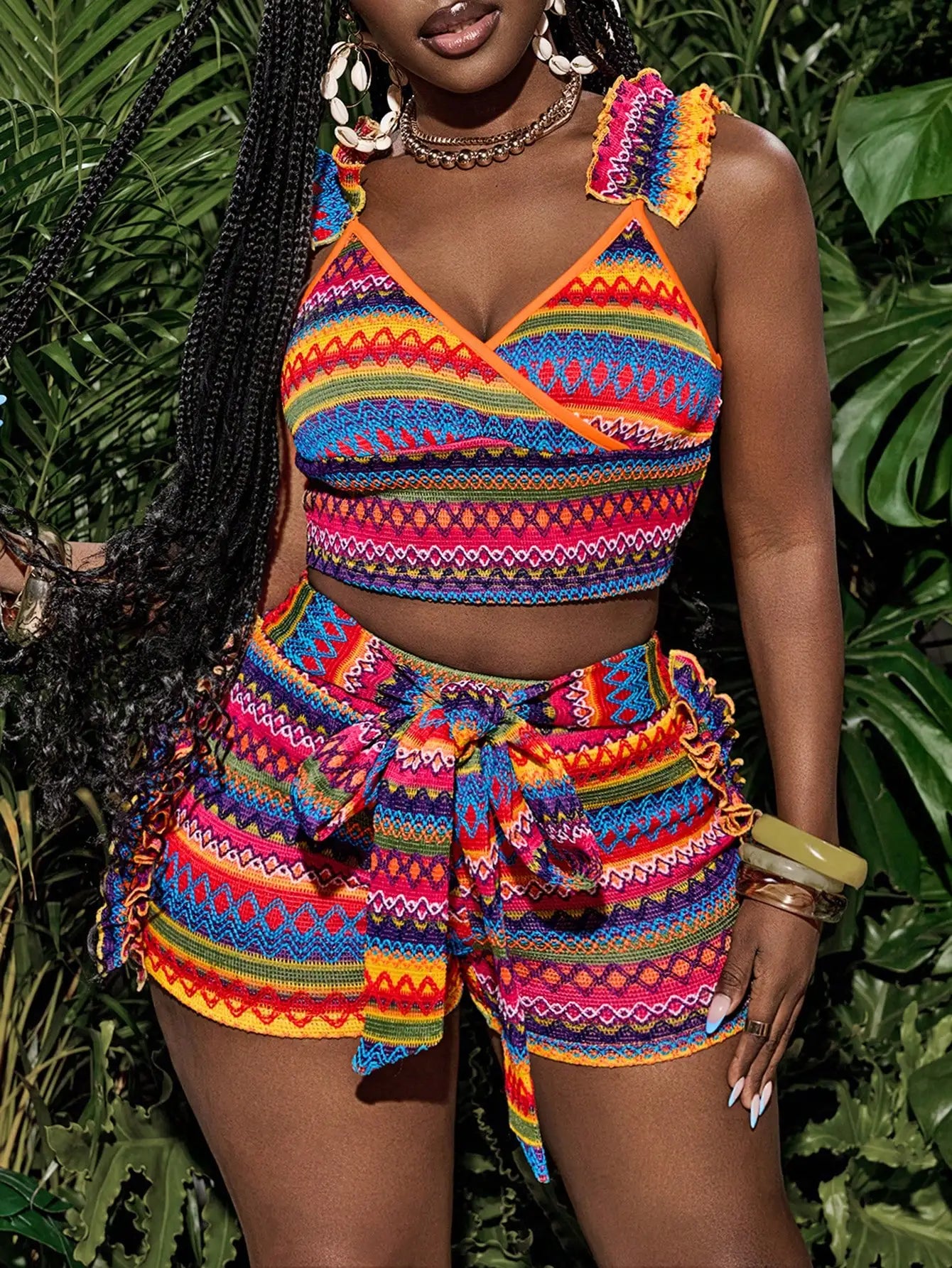 Colorful Tank Top and Belted Shorts Set