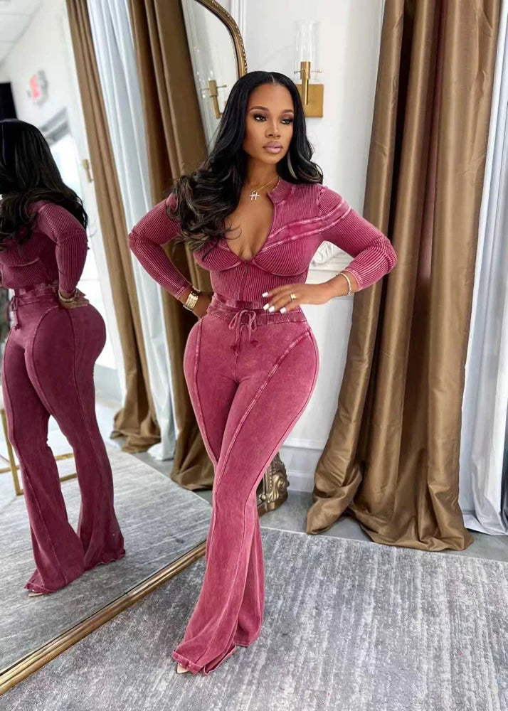 Long Sleeve Zip Top and Flare Pants Suit