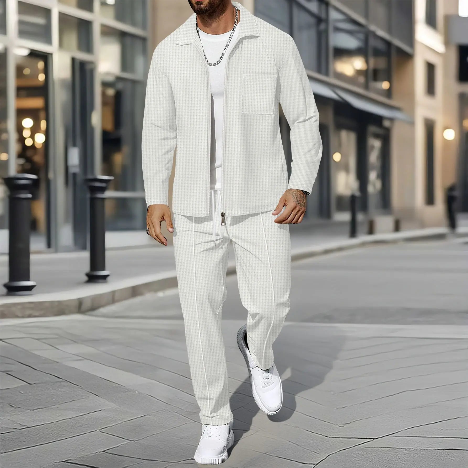 Zippered Shirt Coat And Trousers Outfit