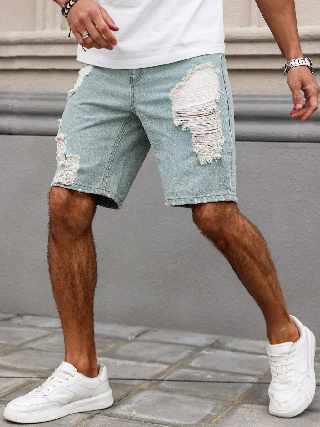 Men's Light Blue Ripped Denim Shorts