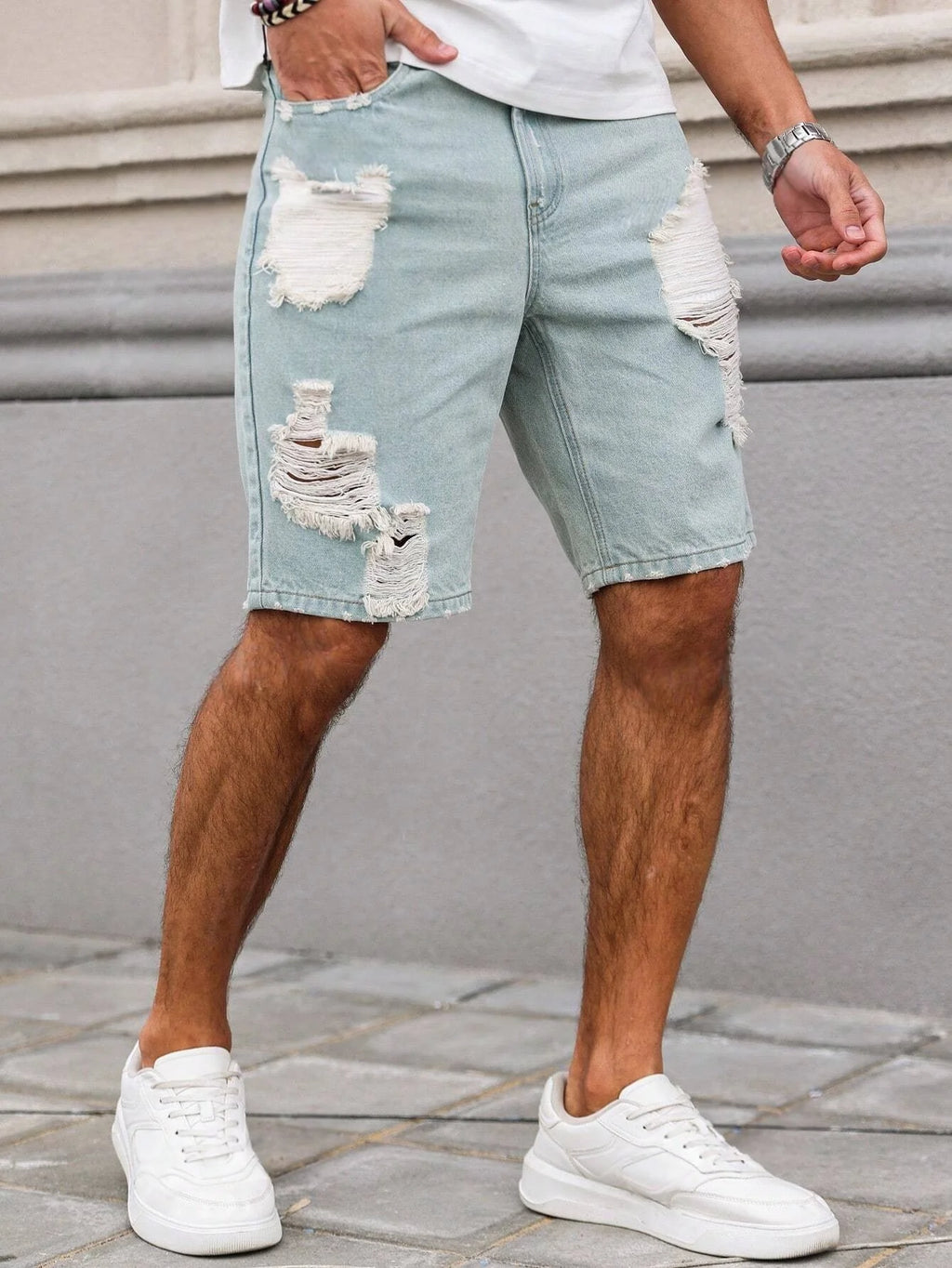 Men's Light Blue Ripped Denim Shorts
