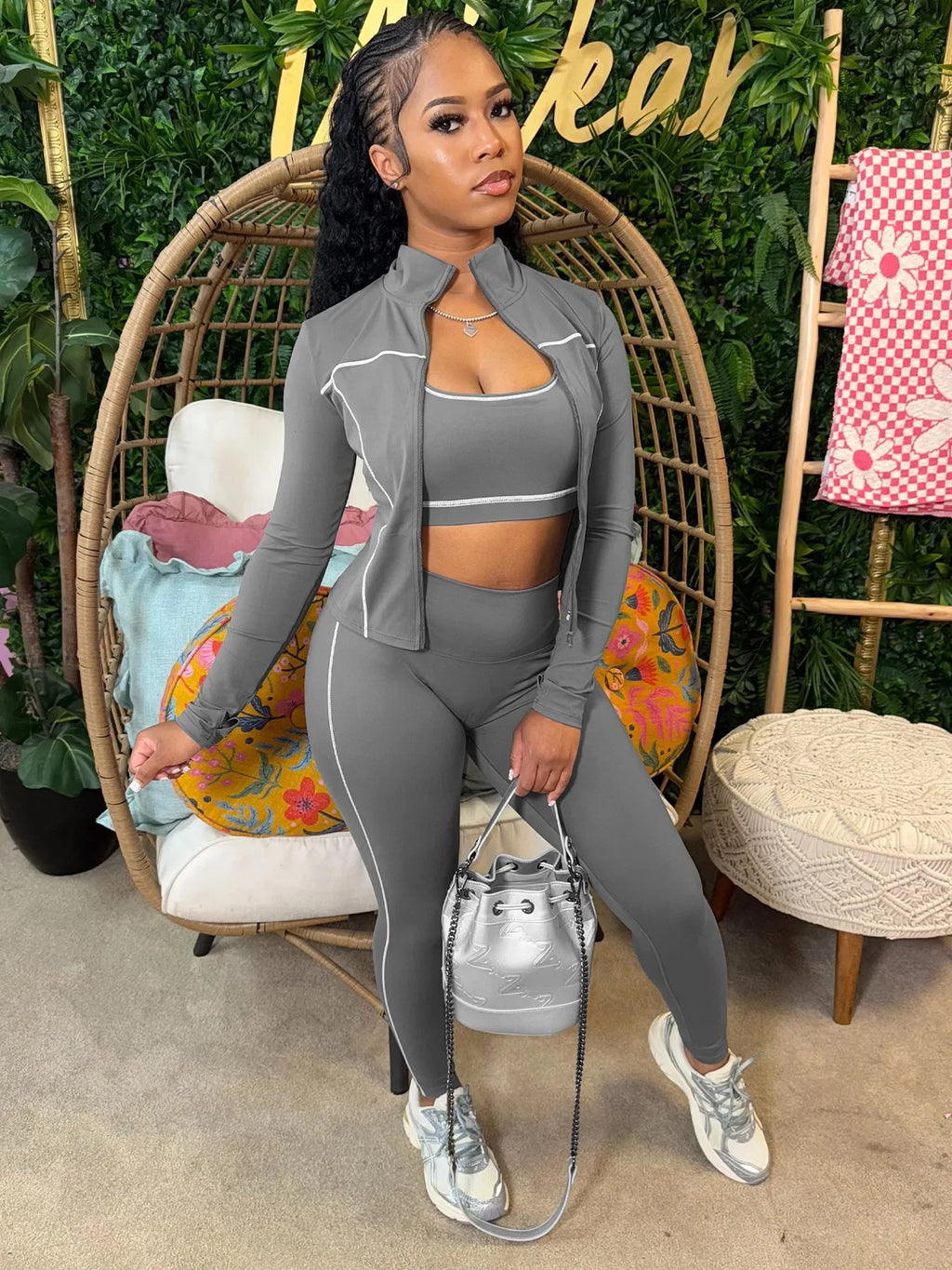 3 Piece Tracksuit Elastic Vest+Zip Jacket+Leggings
