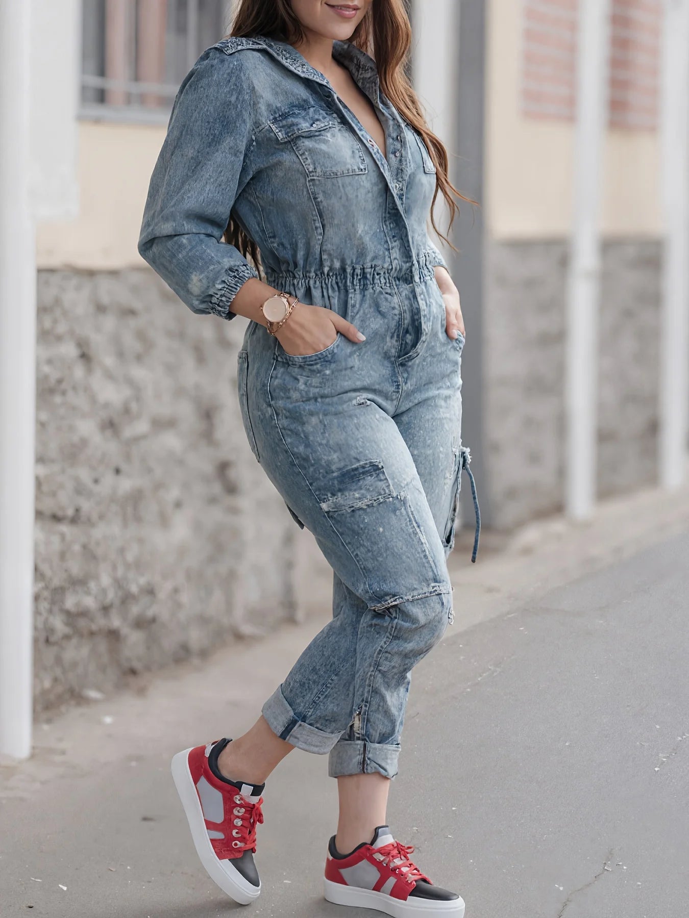 Slim fit washed long sleeved jumpsuit