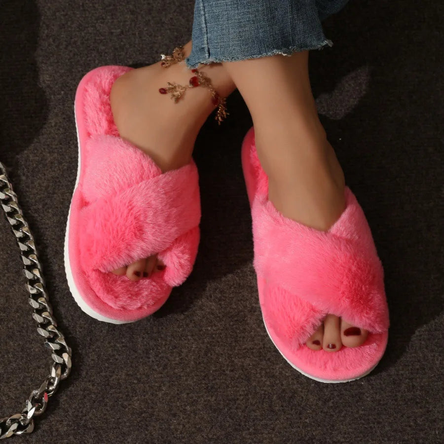 Open Toe Flat Fur Slides