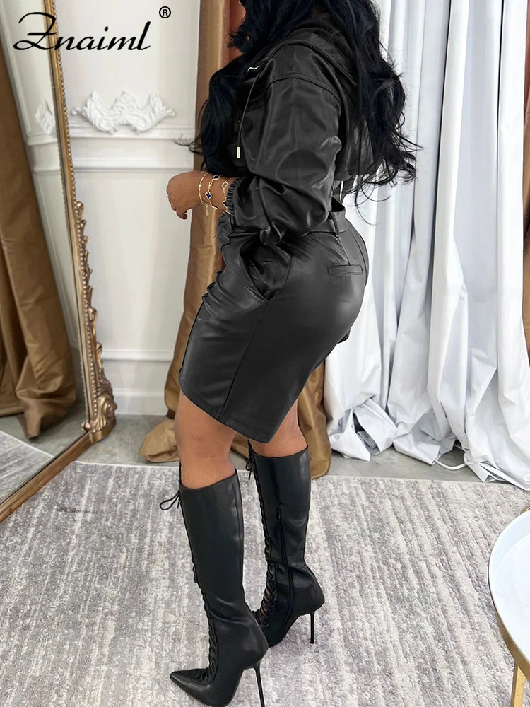 Leather Hooded Jacket and Shorts Set