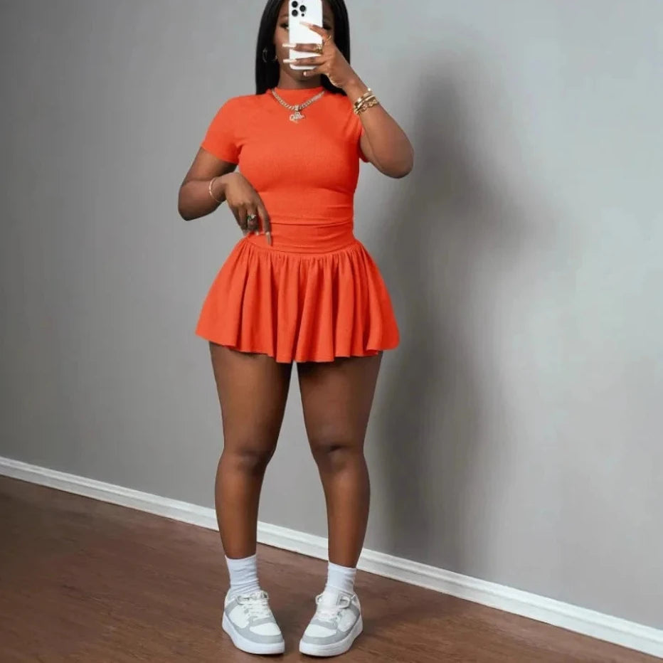 Ribbing Pleated Skirt Set