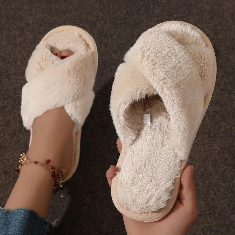 Open Toe Flat Fur Slides