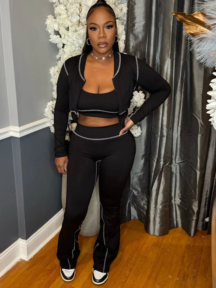 Crop Top And Flare Pants With Jacket Set