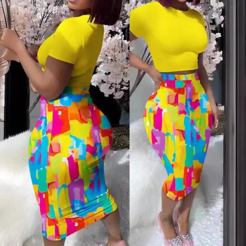 Color Print Slim Skirt 2 Piece Sets