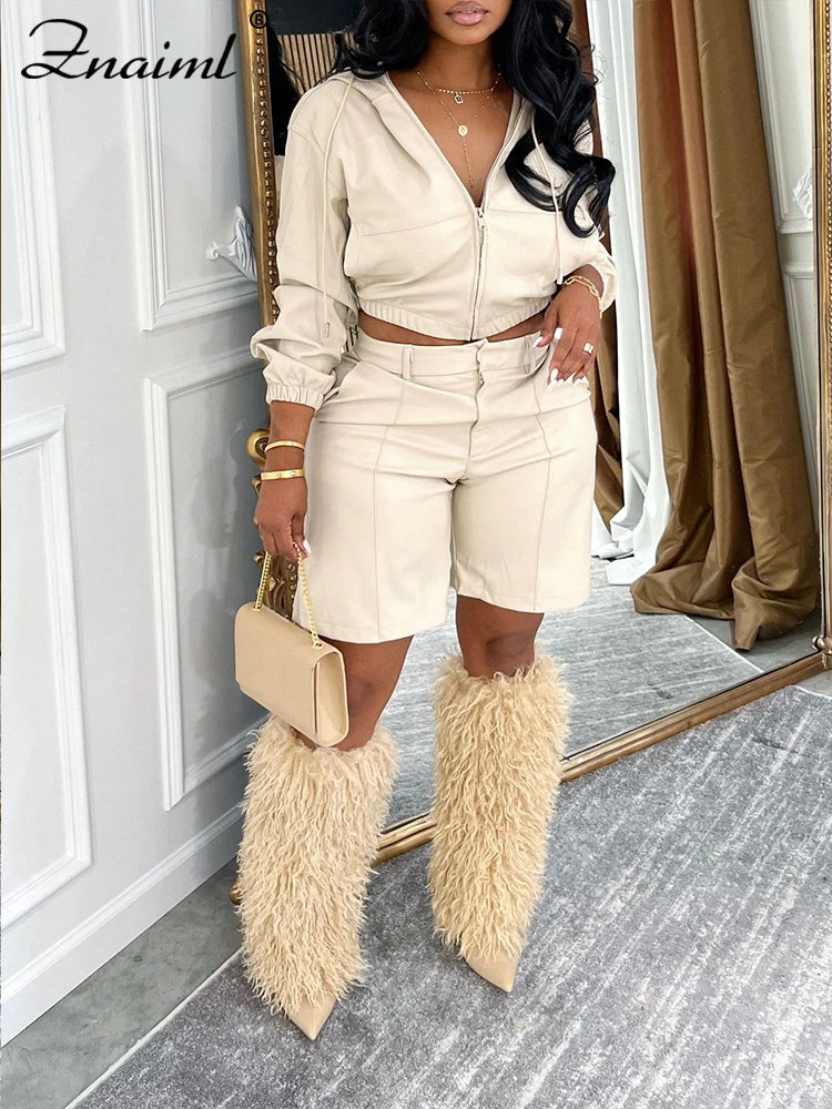 Leather Hooded Jacket and Shorts Set