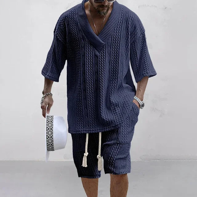 Men's V-neck Short Sleeve T-shirt and Shorts Set