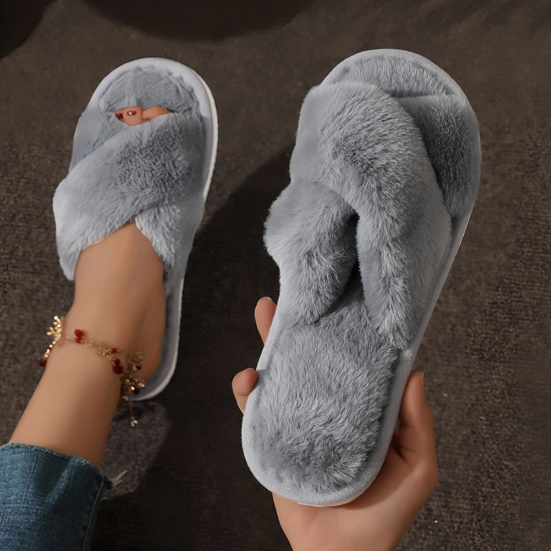 Open Toe Flat Fur Slides