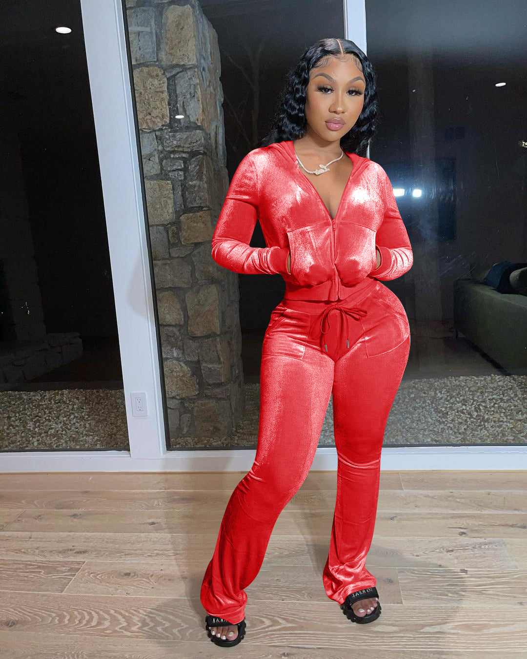 Velvet Hooded Sweatshirt And Wide Leg Pants