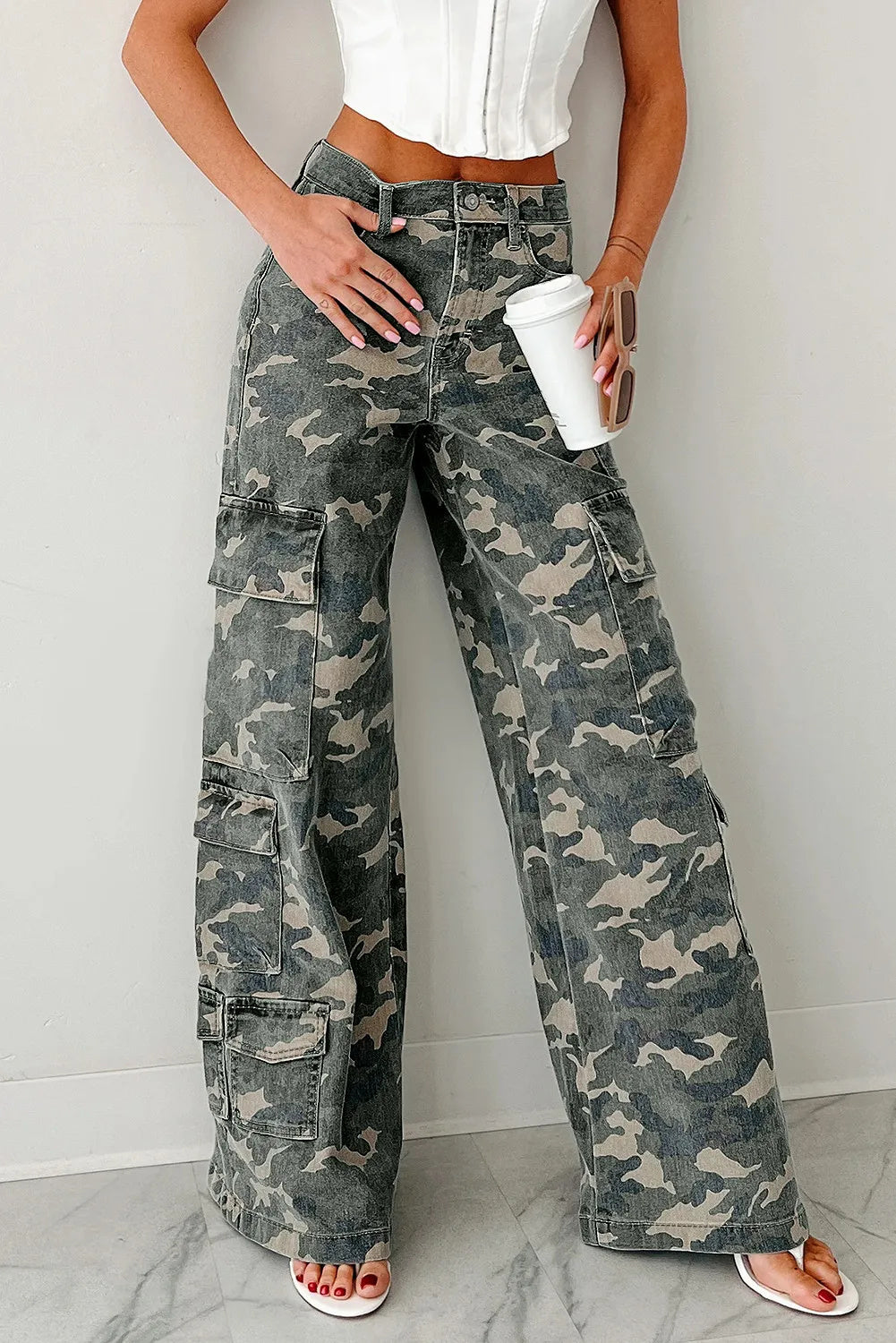 Green Camo Cargo Wide Leg Pants