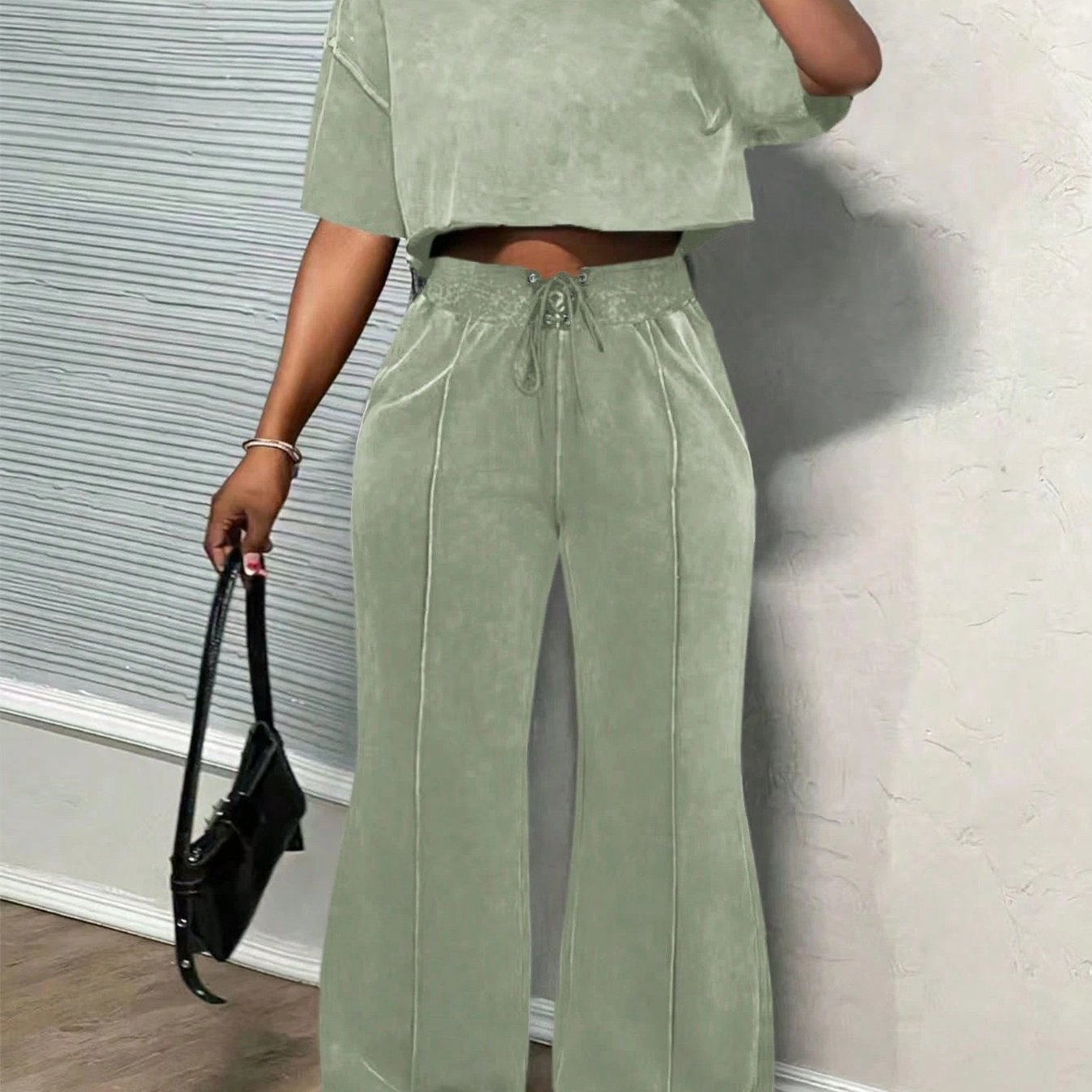 Short Sleeve Crop Top Drawstring Wide-Leg Pants Set